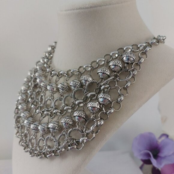 Mialisia Cleopatra Statement Necklace Silver Bib Chainmail Boho Chic EUC - Picture 3 of 10